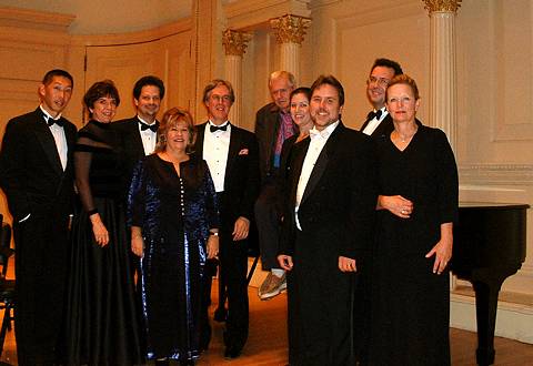 From left to right: Tian Ying, piano; Pamela McConnell, viola; Glenn Basham, violin; Jana Young, soprano; Ross Harbaugh, cello; Ned Rorem; Margaret Donaghue, clarinet; Russell Young, piano; Scott Flavin, violin; Christine Nield, flute. Photo: Lynn Parks