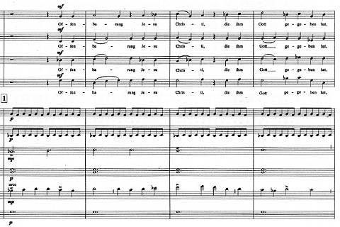 An extract from the score of Martin Torp's oratorio 'Siehe, ich mache alles neu', beginning at the first entry of the chorus (figure 1) in the Prologue, and showing chorus and string parts only. © 2003 Verlag Neue Musik