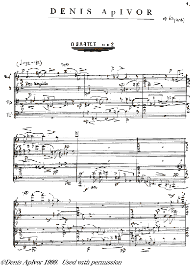 The first page of the Quartet No 2 Op 63 (1975). © 1999 Denis ApIvor, all rights reserved. Used with permission.