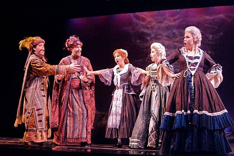 From left to right, Scott Guinn (Guglielmo), Steven Mello (Ferrando), Kristen Plumley (Despina), Sarah Mattox (Dorabella) and Lori Lind (Fiordiligi) in Così fan tutte. Photo © 2004 Steve Zorc