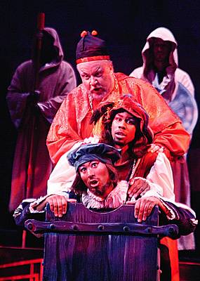 From top to bottom: John Payonk (Cardinal Thomas Wolsey/Pooh-Bah), Frederick Jackson (Sir Walter Raleigh/Pish-Tush) and Michael Bragg (William Shakespeare/Ko-Ko). Photo © 2004 Steve Zorc