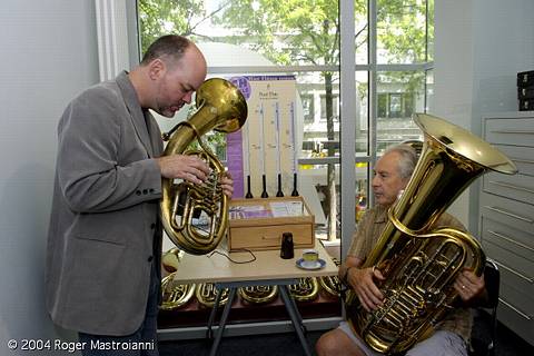 Richard Stout (left) and Ron Bishop sample horns at the Alexander horn company in Mainz, Germany. Photo © 2004 Roger Mastroianni