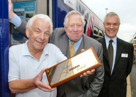 Barry Cryer and Roy Hattersley at the Buxton Festival's jolly train naming ceremony