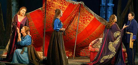 Two scenes from Opera Holland Park's production of Bellini's 'Norma'. Left: Nelly Miricioiu (Norma) and Diana Montague (Adalgisa); Right: Diana Montague, Nelly Miricioiu and Don Bernadini
