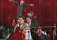 The Witch Solokha (Frances McCafferty) and the devil (Roderick Earle) in Garsington Opera's 2004 production of Tchaikovsky's 'Cherevichki'. Photo © Keith Saunders