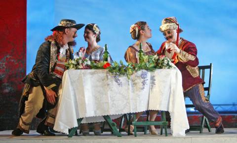 The dotty quartet in Pimlico Opera's 'Cosi fan tutte'. John Lofthouse (Guglielmo), Karina Lucas (Dorabella), Lee Bissett (Fiodiligi) and Benjamin Hulett (Ferrando).