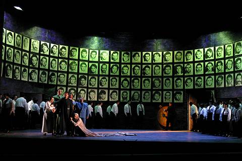 Rafael Rojas (Calaf), Olga Mykytenko (Liù), Matthew Hargreaves (Ping), Philip Lloyd Holtam (Pang), Anthony Mee (Pong) and Ilya Bannik (Timur) in the Welsh National Opera production of 'Turandot'. Photo © 2004 Brian Tarr