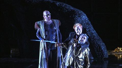 Alberich (Günter von Kannen) has been captured by Wotan (Falk Struckmann, left) and Loge (Graham Clark). © 2005 Opus Arte