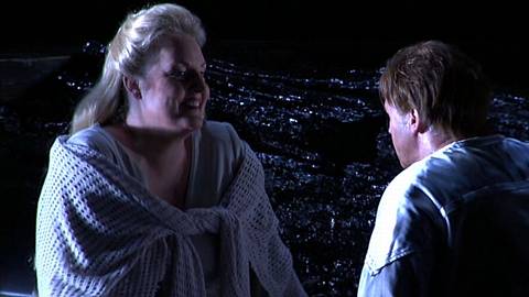 Sieglinde (Linda Watson) dallying with Siegmund (Richard Berkeley-Steele) in front of the World Ash Tree in Act 1 of Die Walküre. DVD screenshot © 2005 Opus Arte 