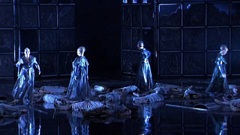 The Valkyries 'Hojotoho' amid acres of scattered man-meat, at the start of Act 3. DVD screenshot © 2005 Opus Arte 