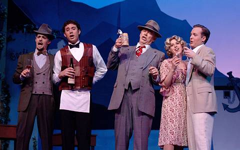 From left to right: Oliver Henderson (Hinzelmann), John Buffet (chorus), Boyd Mackus (Wilhelm), Sarah Asmar (Ottilie) and Grant Knox (Otto) in Ohio Light Opera's production of 'White Horse Inn'. Photo © 2005 Matt Dilyard