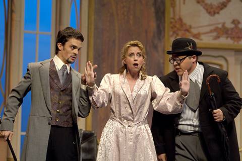 From left to right: Oliver Henderson (Gabriel), Robin De Leon (Rosalinda) and Tyler Nelson (Blind) in Ohio Light Opera's production of 'Die Fledermaus'. Photo © 2005 Matt Dilyard