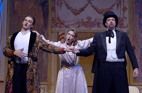 From left to right: Joshua Kohl (Alfred), Robin De Leon (Rosalinda) and Jeremiah Butterfield (Frank) in Ohio Light Opera's production of 'Die Fledermaus'. Photo © 2005 Matt Dilyard