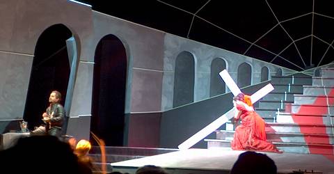 Alexander Teliga as Scarpia and Helene Bernardy in the title role of Puccini's Tosca at Gut Immling. Photo © 2005 Philip Crebbin