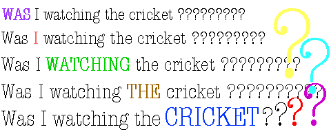 WAS I watching the cricket??????? Was I watching the cricket?????? Was I WATCHING the cricket 
???????  Was I watching THE cricket????????? Was I watching the CRICKET ??????????