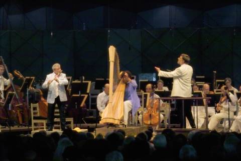 Ann Hobson Pilot and James Galway perform Mozart's Concerto for Flute and Harp with Andrew Davis and the Boston Symphony Orchestra. Photo © 2005 Walter H Scott