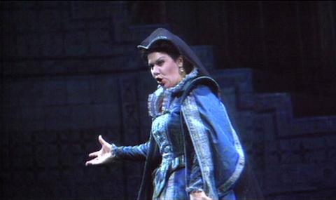Luciana D'Intino as Princess Eboli in Act 2 scene 1. DVD screenshot © 1994 RAI/EMI Records Ltd