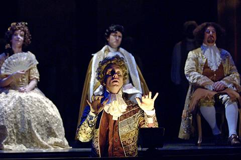 Ben Nordstrom in the title role of 'Amadeus' (foreground), with Kathryn Cherasaro (Costanze Weber), Dougfred Miller (Joseph II) and Paul Kiernan (Johann von Strack) (background). Photo © 2005 Roger Mastroianni