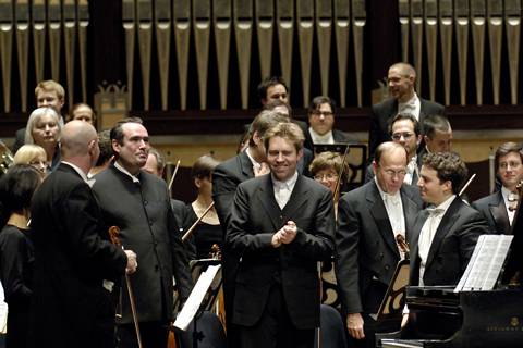 From left to right, composer Marc-André Dalbavie, pianist Leif Ove Andsnes and conductor James Gaffigan after the first US performance of Dalbavie's Piano Concerto at Severance Hall with the Cleveland Orchestra. Photo © 2006 Roger Mastroianni