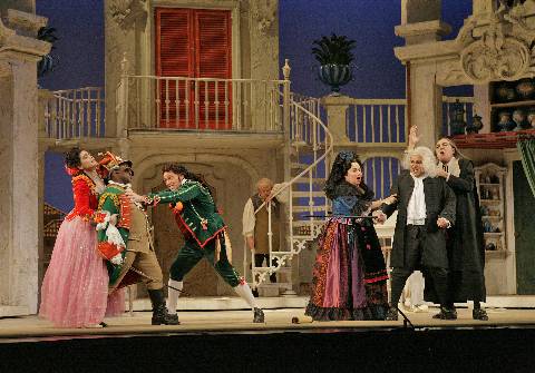 The cast of the San Diego Opera production of 'The Barber of Seville': left to right, Kirstin Chávez (Rosina), Lawrence Brownlee (Count Almaviva), Christopher Maltman (Figaro), Judith Christin (Berta), Eduardo Chama (Dr Bartolo) and Ferruccio Furlanetto (Don Basilio). Photo © 2006 Ken Howard