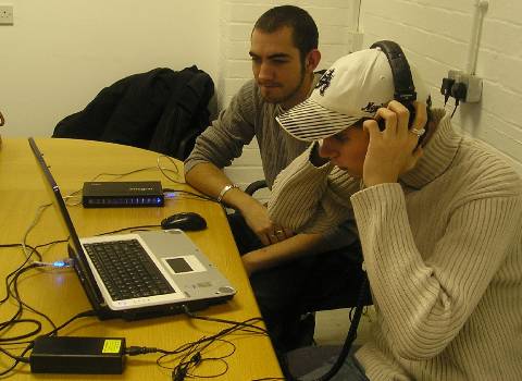 Experiencing the commercial working environment as Phil Higgins (top) from Katapult Studios and University of Derby student Nick Dacey prepare video and sound for the Journeys project.