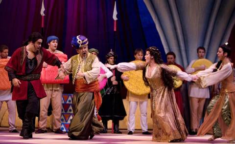 Hugh Russell as Taddeo, Francois Loup as Mustafà, Lisanne Norman as Elvira and Amanda Polychronis as Zulma in the Arizona Opera production of 'L'Italiana in Algeri'. Photo © Tim Fuller