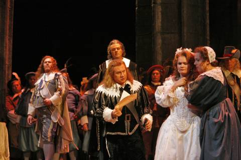 The cast of San Diego Opera's 'Lucia di Lammermoor'. Background (left to right): tenor Bryan Register (Lord Arturo Bucklaw) and bass Reinhard Hagen (Raimondo). Foreground (left to right): tenor Richard Leech (Edgardo), soprano Angela Gilbert (Lucia) and soprano Kathleen Halm (Alisa). Photo © 2006 Ken Howard