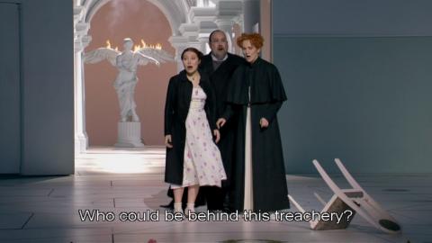 Ekaterina Siurina (Servilia, left), Roland Bracht (Publio) and Hannah Esther Minutillo (Annio) at the end of Act 1