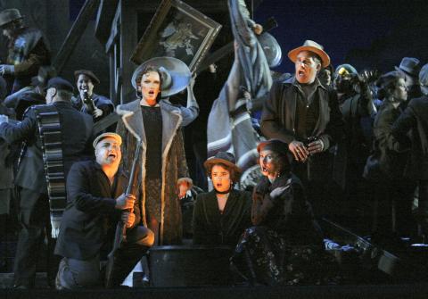 From left to right, Beau Palmer (Remendado), Marina Domashenko (Carmen), Lisa Agazzi (Mercedes), Malinda Haslett (Frasquita) and Jeff Mattsey (Dancaire). Photo © 2006 Cory Weaver