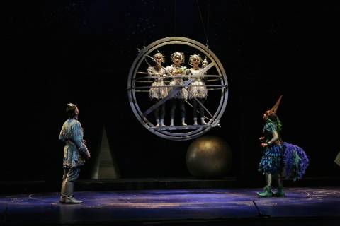 The Three Genies, left to right, Stacey Fraser, Sylvia Wen and Diana Tash, flanked by Rainer Trost (Tamino) and Paul Armin Edelmann (Papageno) in San Diego Opera's production of Mozart's 'The Magic Flute'. Photo © 2006 Ken Howard