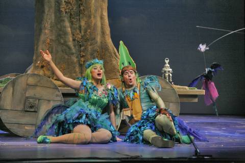 Siphiwe McKenzie as Papagena and Paul Armin Edelmann as Papageno in San Diego Opera's production of Mozart's 'The Magic Flute'. Photo © 2006 Ken Howard