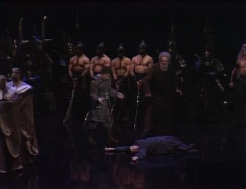 The death of Liù (Amanda Thane) in Act III of Puccini's 'Turandot', with Kenneth Collins (Calaf, left) and Donald Shanks (Timur). DVD screenshot © 2006 Opus Arte
