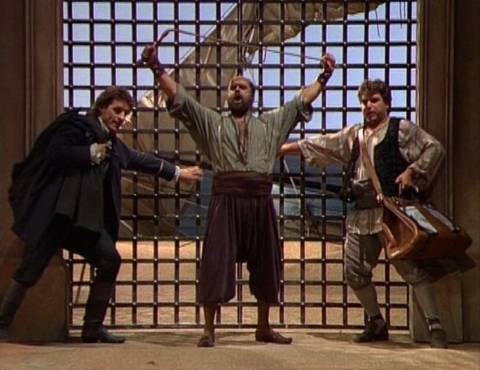 From left to right, Hans Peter Blochwitz (Belmonte), Kurt Rydl (Osmin) and Manfred Fink (Pedrillo) in the 1991 Schwetzinger Festspiele production of Mozart's 'Die Entführung aus dem Serail'. DVD screenshot © Schwetzinger Festspiele/SWR/NHK/Maran Film GmbH