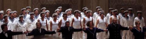A curtain call - sailors' chorus and soloists in 'The Flying Dutchman'