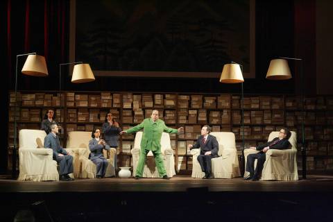 Left to right: Rebecca de Pont Davies (3rd Secretary), Mark Stone (Chou En-lai), Serena Kay (1st Secretary), Alexandra Sherman (2nd Secretary), Adrian Thompson (Chairman Mao), James Maddalena (Richard Nixon) and Roland Wood (Henry Kissinger). Photo © 2006 English National Opera and Alistair Muir