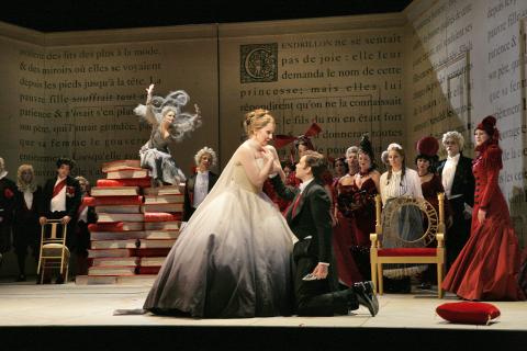 Left to right: Eglise Gutierrez (Fairy Godmother), Joyce DiDonato (Cinderella) and Jennifer Holloway (Prince Charming) plus ensemble. Photo © 2006 Ken Howard