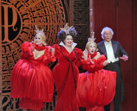From left to right: Gabriela Garcia (Cinderella's step-sister Dorothée), Judith Forst (the step-mother), Anne-Carolyn Bird (step-sister Noémie) and Richard Stilwell (Cinderella's father, Pandolfe). Photo © 2006 Ken Howard