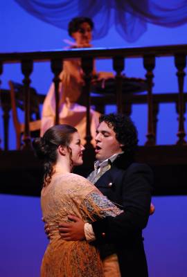 Sara Gartland as Elizabeth Bennet and Joseph Valone as Darcy in the Ohio Light Opera production of 'Pride and Prejudice'. Photo © 2006 Matt Dilyard