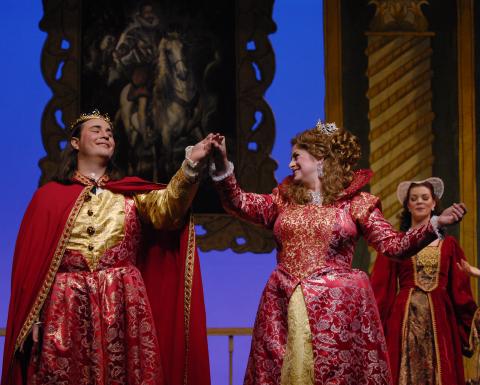 Gary Moss (left) as the King, with Julie Wright as the Queen in Ohio Light Opera's production of 'The Queen's Lace Handkerchief'. Photo © 2006 Matt Dilyard