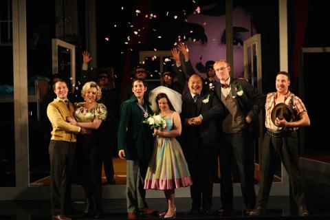 From left to right: Andrew Conley (Fiorello), Susan Jiwey (Berta), Nicholas Sharratt (Almaviva), Serena Kay (Rosina), Freddie Tong (Don Bartolo),Lucasz Jkobczyk (Don Basilio) and Ian Wilson-Pope (Ambrogio). Photo © 2006 Alistair Muir