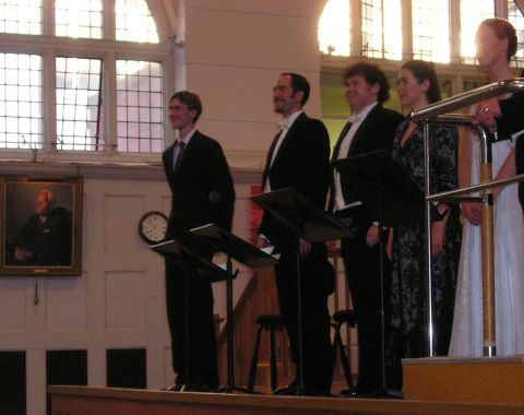 From left to right: Oliver Rudland, Philip Shakesby, Shaun Dixon, Chloe Beecham and Lorna Bridge at the Royal College of Music, taking bows at the end of the first performance of 'The Nightingale and the Rose'. Photo © 2006 Keith Nisbet