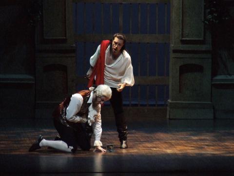 The Don (Vytautas Juozapaitis) kills the Commendatore (Russian bass Mikhail Kolelishvili) in Mozart Festival Opera's 'Don Giovanni'. Photo © 2006 Robin Grant