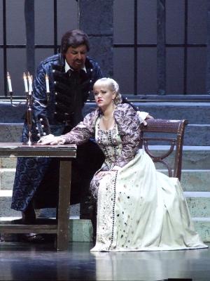 Lucia (Larissa Yudina) and her brother Enrico (Theodore Lambrinos) in the Teatro Lirico D'Europa production of 'Lucia di Lammermoor'. Photo © 2006 Robin Grant