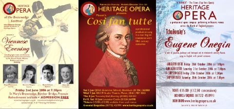 Handbills for Heritage Opera's Viennese evening, 'Così fan tutte' and 'Eugene Onegin' (all in 2006)