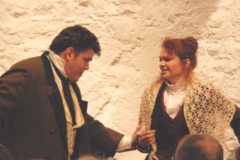 Still hopeful that things may yet work out - Rodolfo (Richard Williams) and Mimi (Serenna Wagner) in Act 3. Photo © 2007 Sebastian Fattorini, Skipton Castle