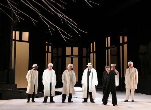 Roderick Dixon as Walther von der Vogelweide, Martin Gantner as Wolfram von Eschenbach, Jason Stearns as Biterolf, Franz Josef Selig as Landgrave Hermann, Peter Seiffert as Tannhäuser, Christopher Feigum as Reinmar von Zweter and Robert MacNeil as Heinrich der Schreiber in Act 1 of LA Opera's production of Tannhäuser. Photo © 2007 Robert Millard