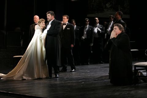 Petra Maria Schnitzer as Elisabeth, Franz Josef Selig as Landgrave Herrmann and Peter Seiffert as Tannhäuser in Act 2. Photo © 2007 Robert Millard