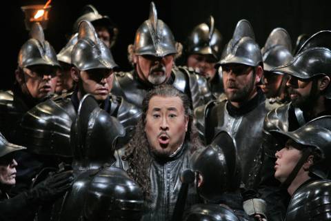 Hao Jiang Tian as Ferrando surrounded by members of the San Diego Opera Chorus in Verdi's 'Il Trovatore'. Photo © 2007 Ken Howard
