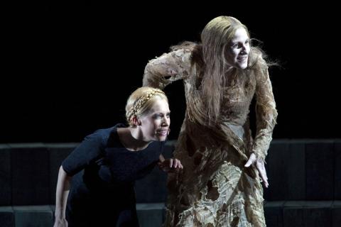 Clarissa Meek as The Sorceress with one of the dancers in the Opera North production of 'Dido and Aeneas'. Photo © 2007 Bill Cooper