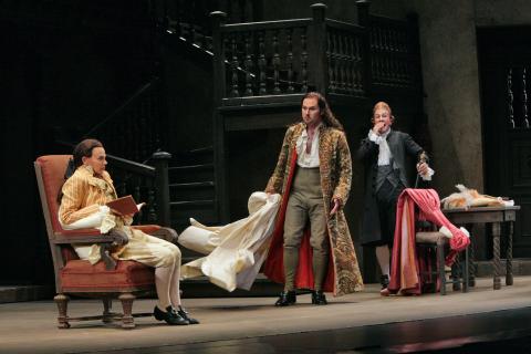 From left to right, Sarah Castle (Cherubino), Mariusz Kwiecien (Count Almaviva) and Martin Zysset (Don Basilio) in San Diego Opera's production of Mozart's 'The Marriage of Figaro'. Photo © 2007 Ken Howard